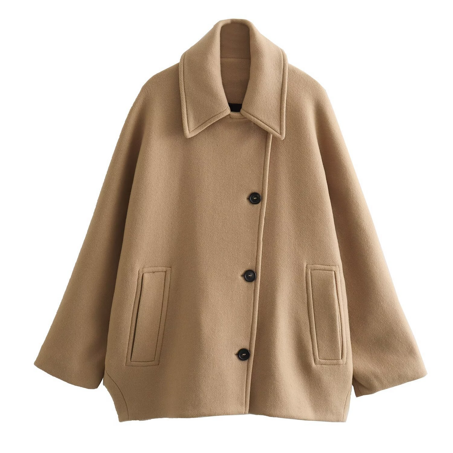 Women's oversized wool blend coat with batwing sleeves, lapel collar, and button front closure