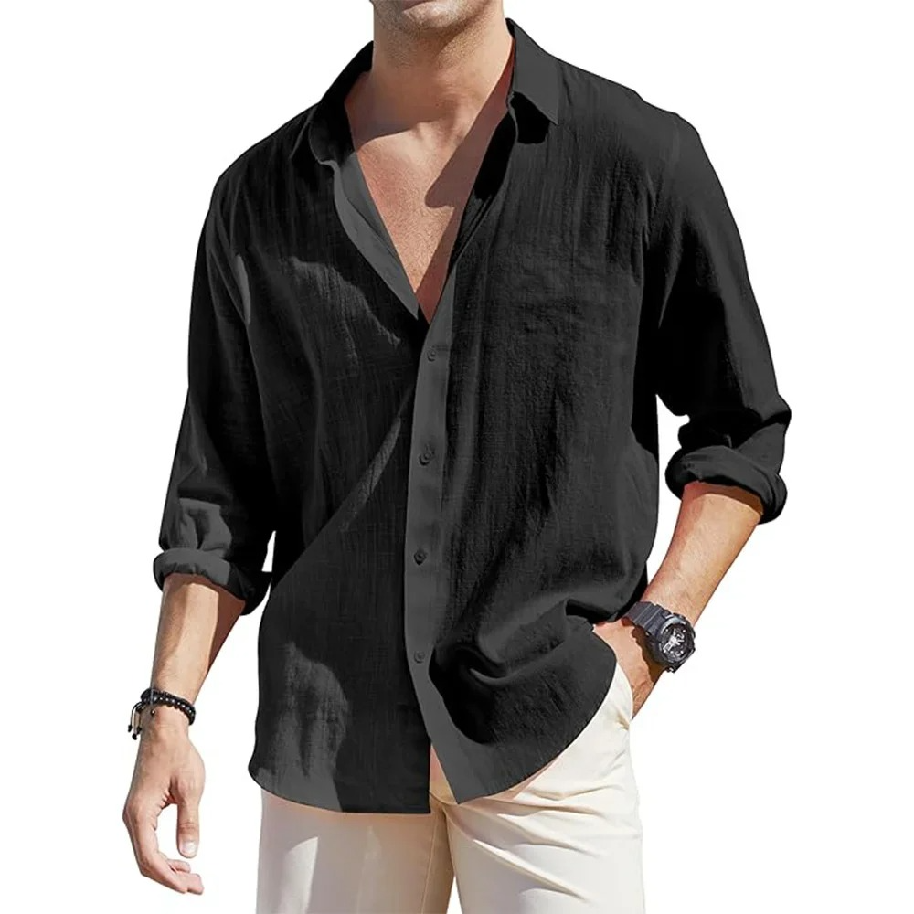 Men's long sleeve linen shirt relaxed fit breathable cotton-linen blend everyday casual style
