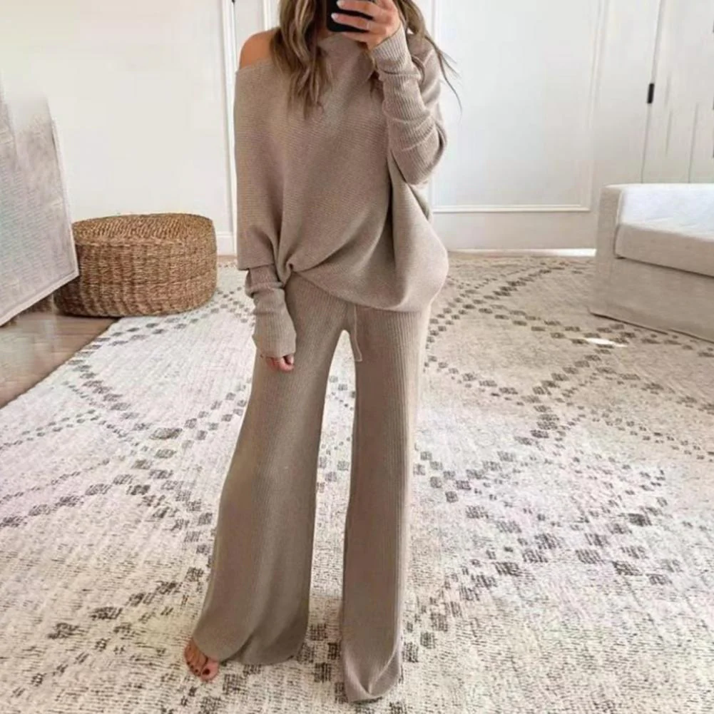 Women's soft knit loungewear set one-shoulder oversized top wide-leg pants relaxed fit