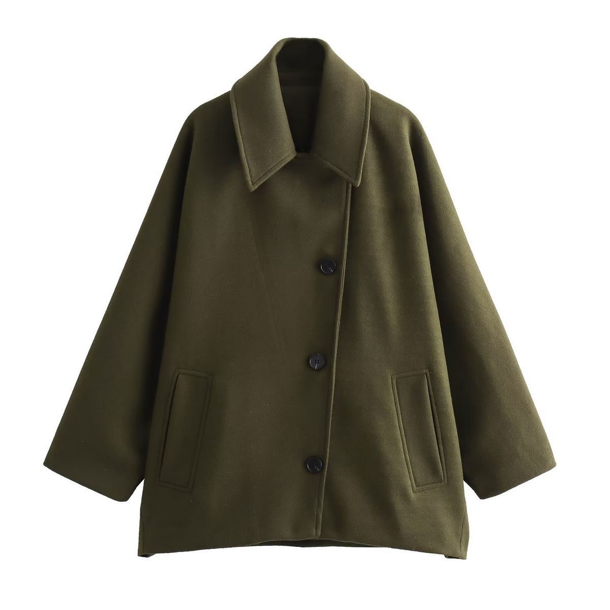 Women's oversized wool-look coat with batwing sleeves, notched lapel, button closure, chic urban style