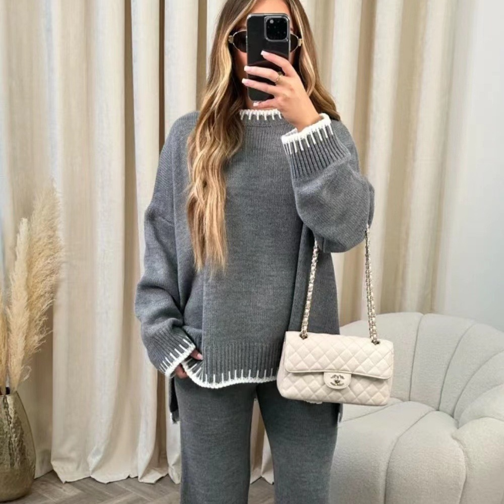 Women's two-piece knit lounge set with loose top and high-waist pants for cozy at-home comfort