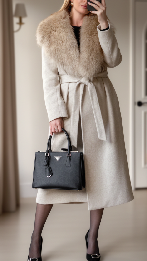 Ivory wrap coat with plush brown faux fur collar and belt, structured city-ready silhouette