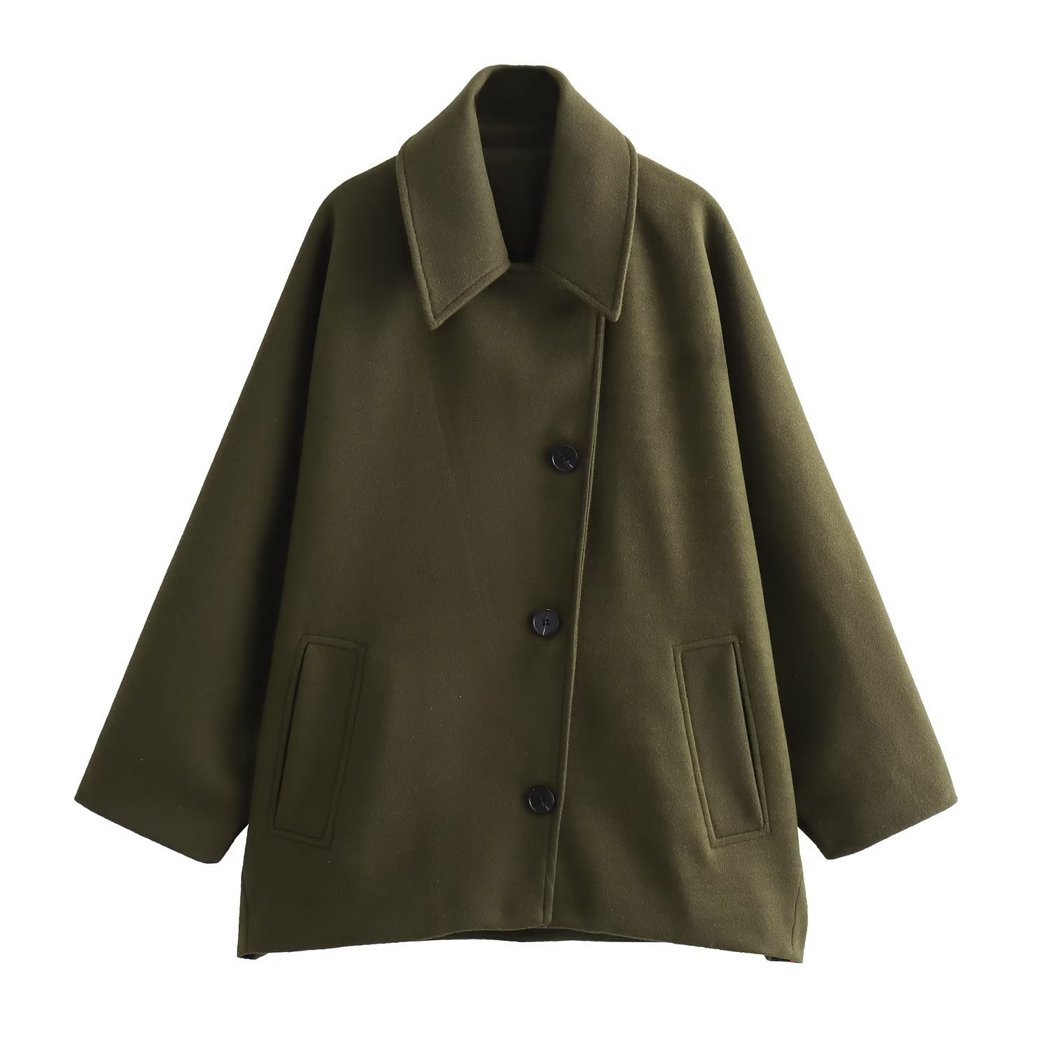 Women's oversized wool blend coat with batwing sleeves, lapel collar, and button front in luxurious finish