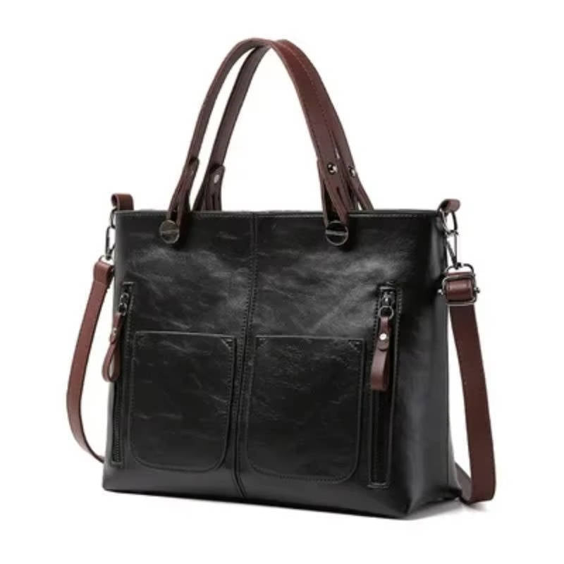 Vintage-style brown PU leather handbag with shoulder strap, structured silhouette for work and travel