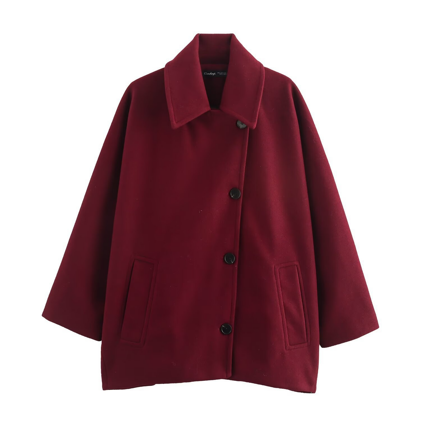 Women's oversized wool blend coat with batwing sleeves, lapel collar, and button front in luxurious style