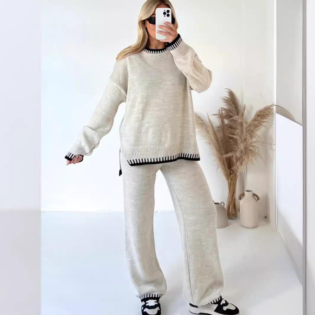 Women's two-piece knit lounge set with loose top and high-waist pants for cozy at-home comfort