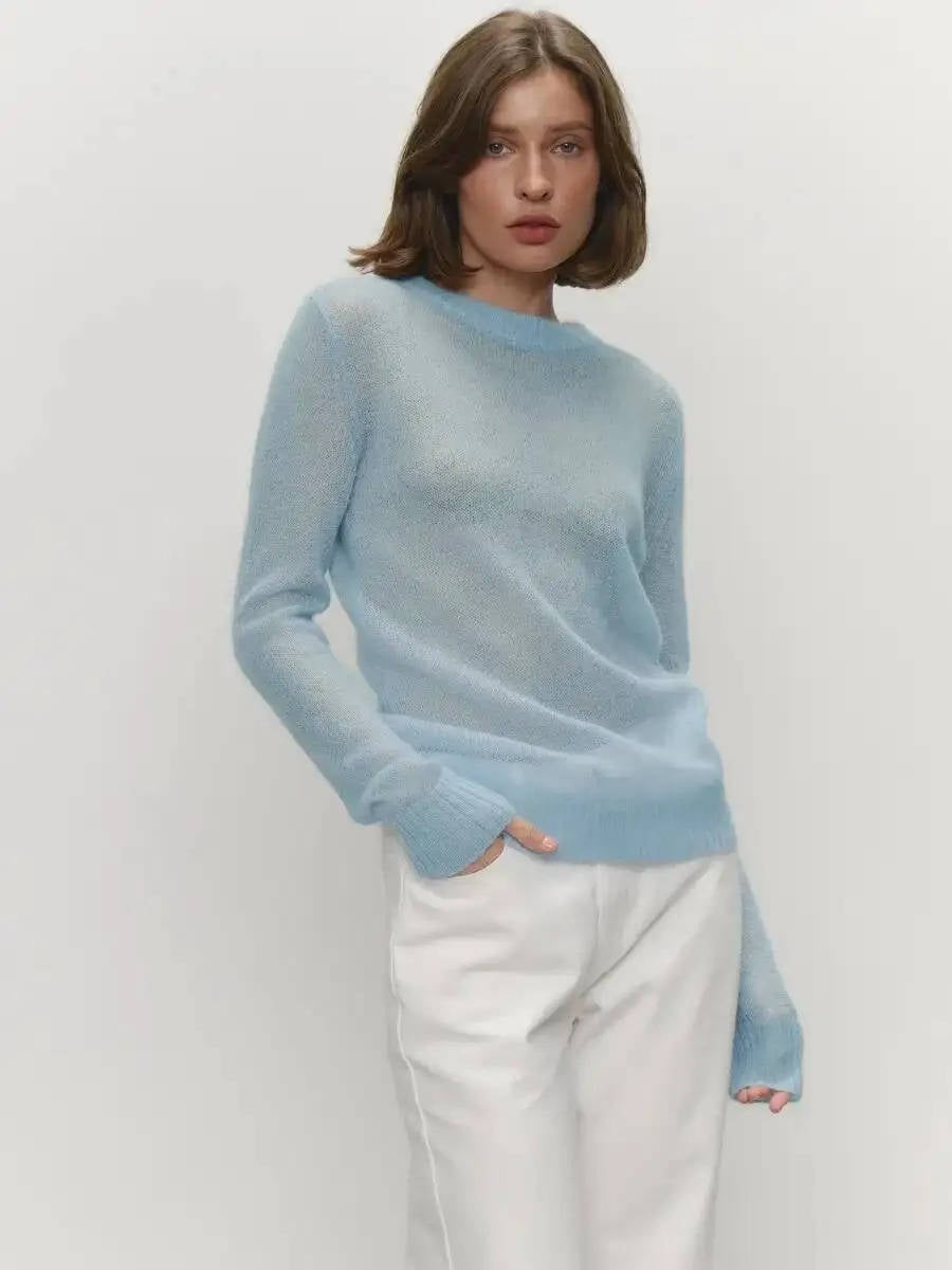 Women's lightweight semi-sheer mohair knit sweater O-neck pullover in neutral tone for layering