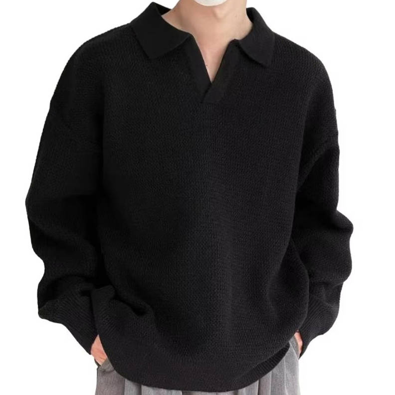 Men's long sleeve knit polo sweater relaxed oversized fit smart casual midweight streetwear style