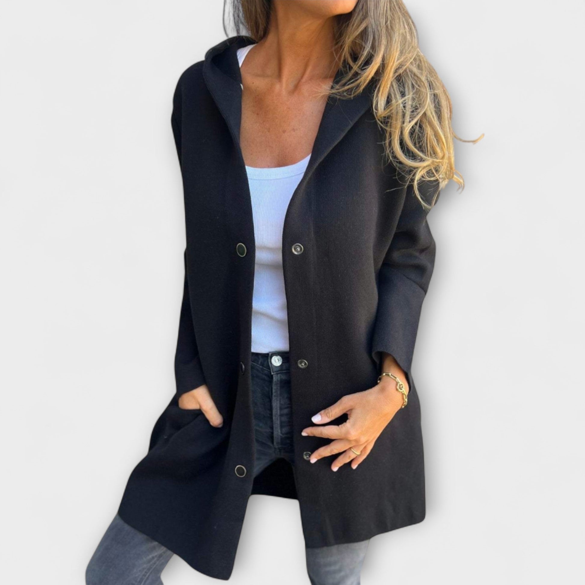 Women's camel long coat tailored silhouette with button-front closure for everyday elegance