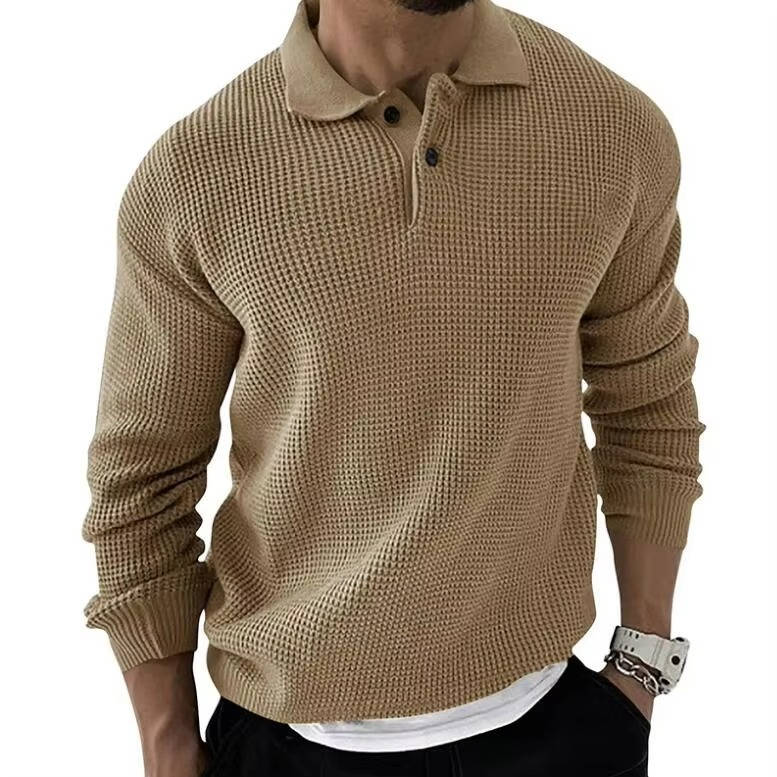Men's waffle knit long sleeve sweater in neutral tones, relaxed fit with raised texture pattern