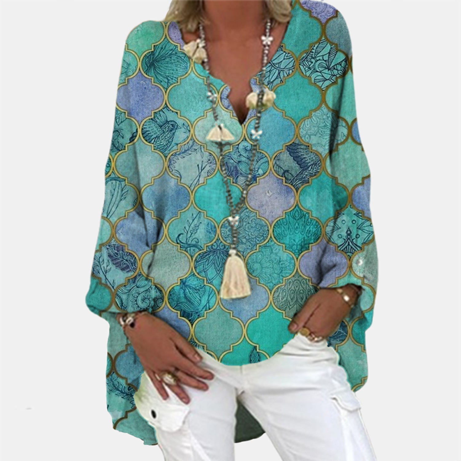 Women's relaxed linen blouse in natural tone, lightweight breathable fabric with timeless elegant silhouette