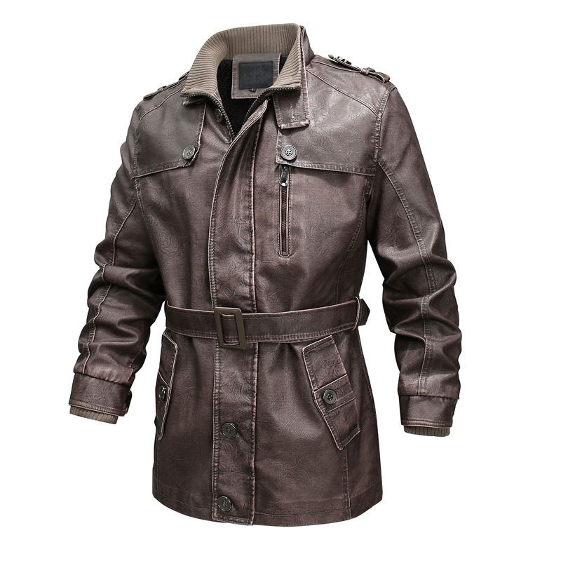 Men's washed leather look trench coat plush lined belted waist asymmetrical zip urban style