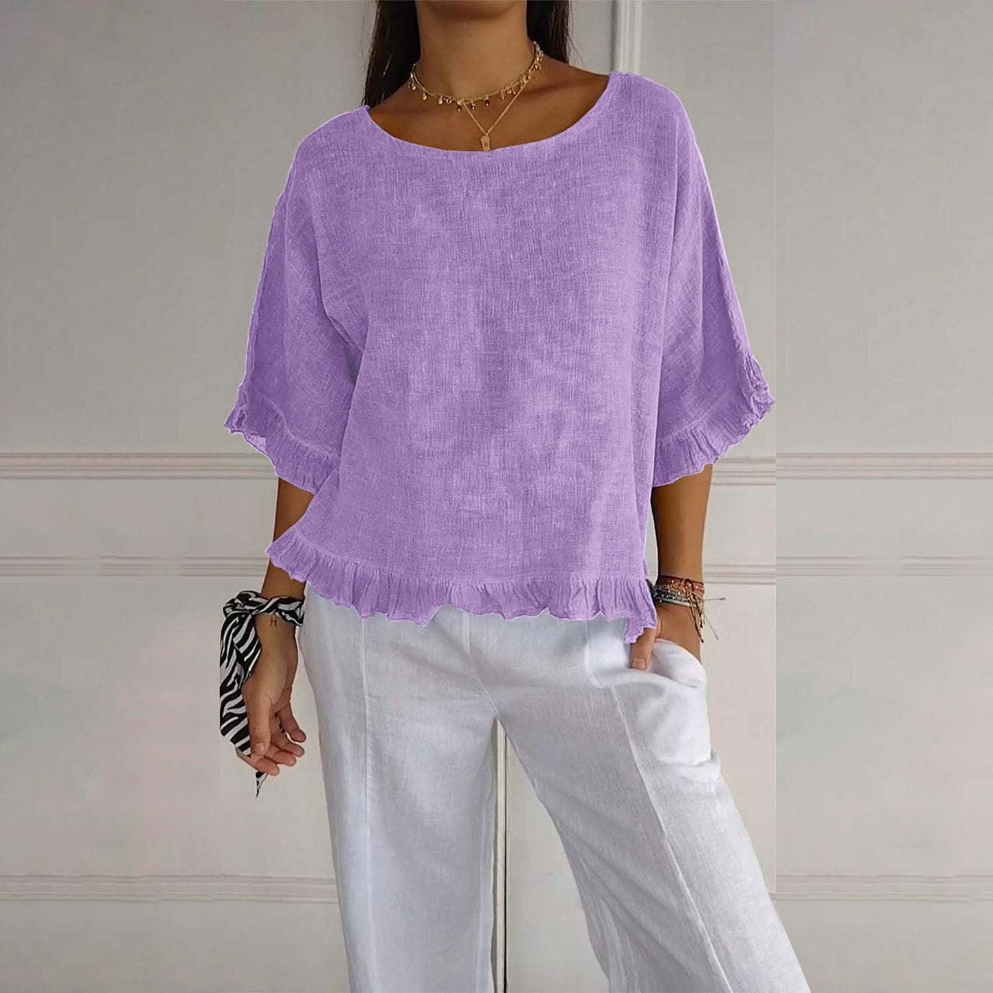 Women's loose fit ruffle blouse airy silhouette lightweight layering top with delicate cuff hem frills