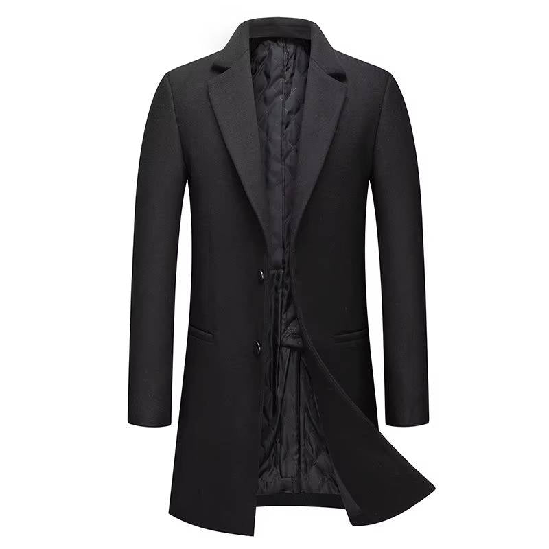 Men's camel wool blend single-breasted overcoat with sharp executive fit for formal and casual wear
