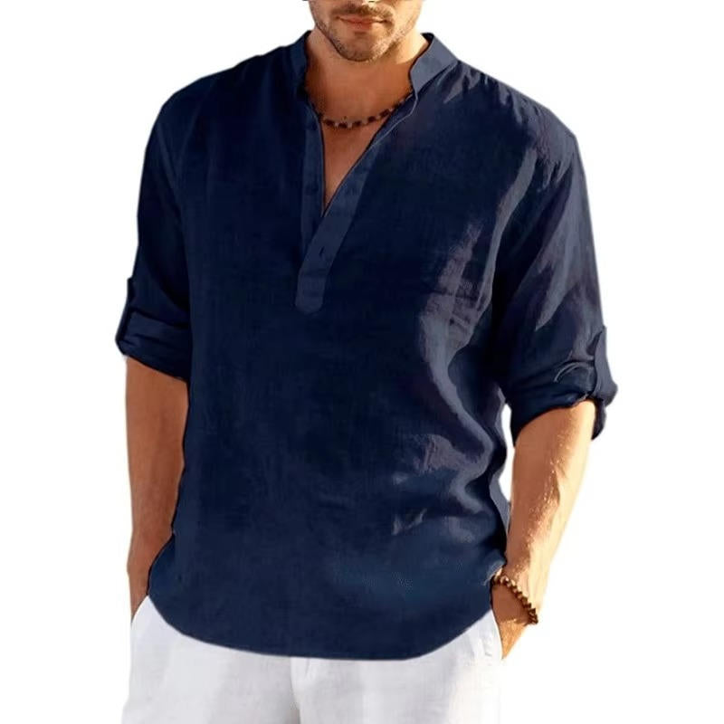 Men's linen Henley shirt rolled sleeves breathable lightweight casual summer style neutral tone