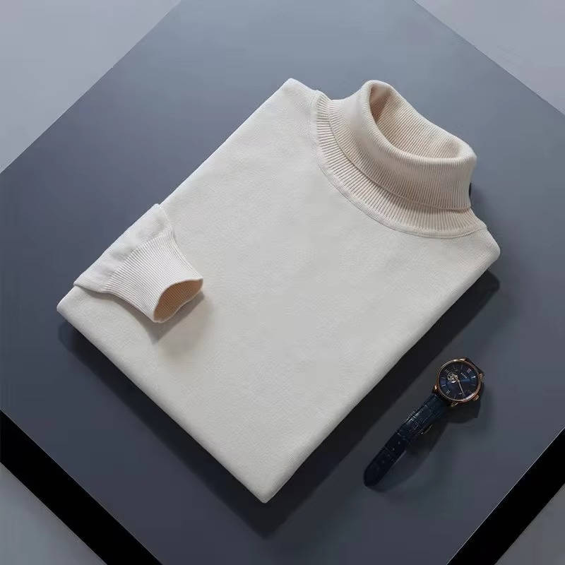 Men's slim fit cashmere turtleneck sweater with fold-over collar, luxurious knit smart casual style
