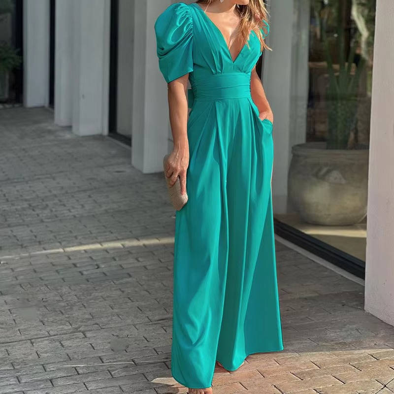Women's elegant black tailored jumpsuit wide-leg floor-length formal one-piece polished fit