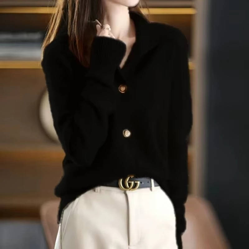 Women's button front knit sweater in neutral tone, oversized style with statement buttons for polished everyday look