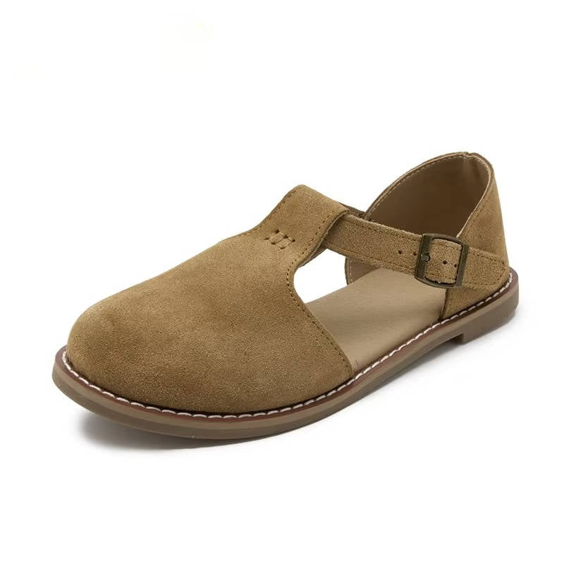 Women's suede T-strap flats in neutral tone, casual-chic silhouette with frosted texture leather upper