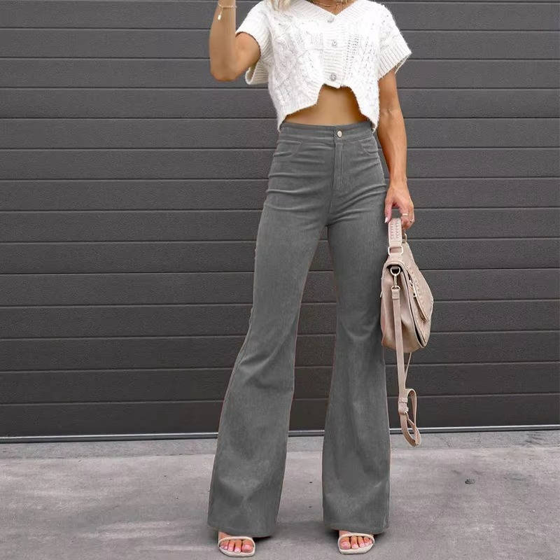 Women's brown corduroy flare pants high-waisted vintage style with all-day stretch modern fit