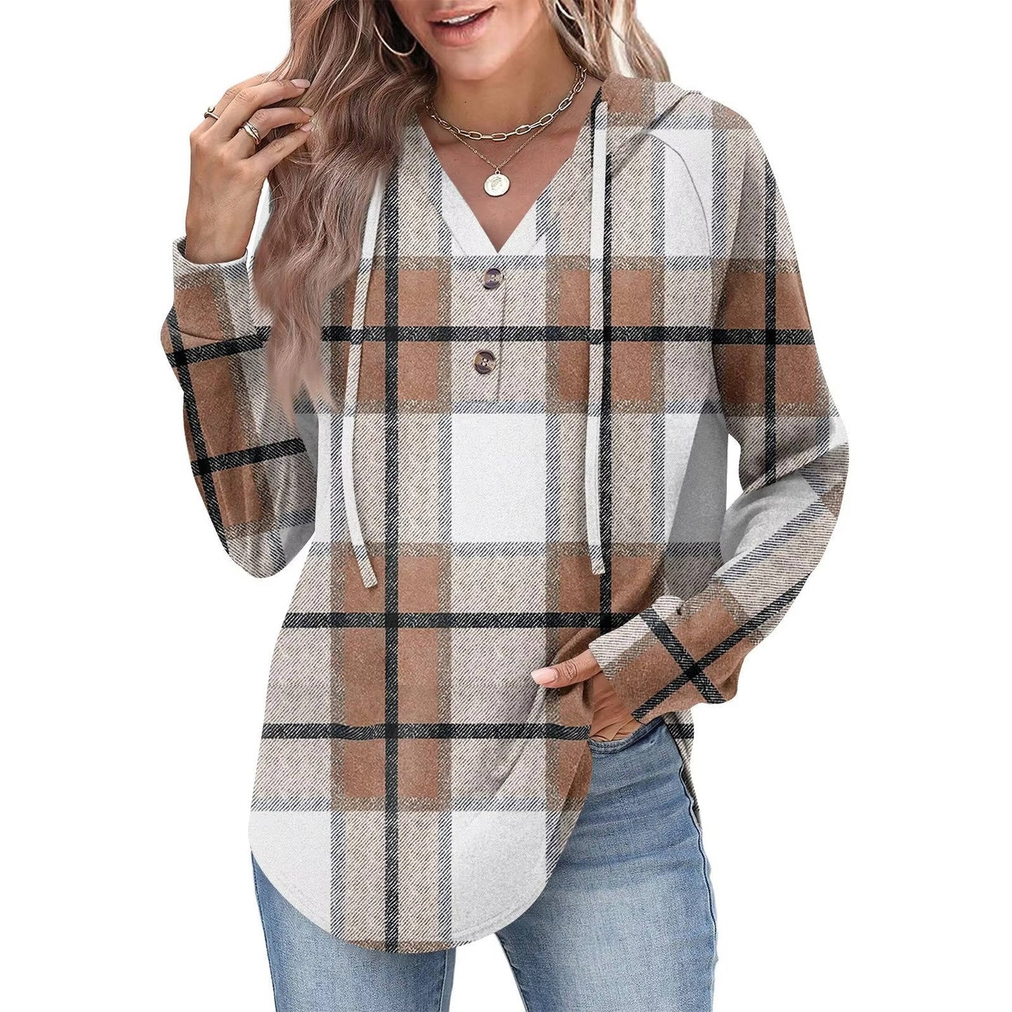 Women's relaxed-fit v-neck button hoodie sweatshirt in casual everyday style with adjustable button detail