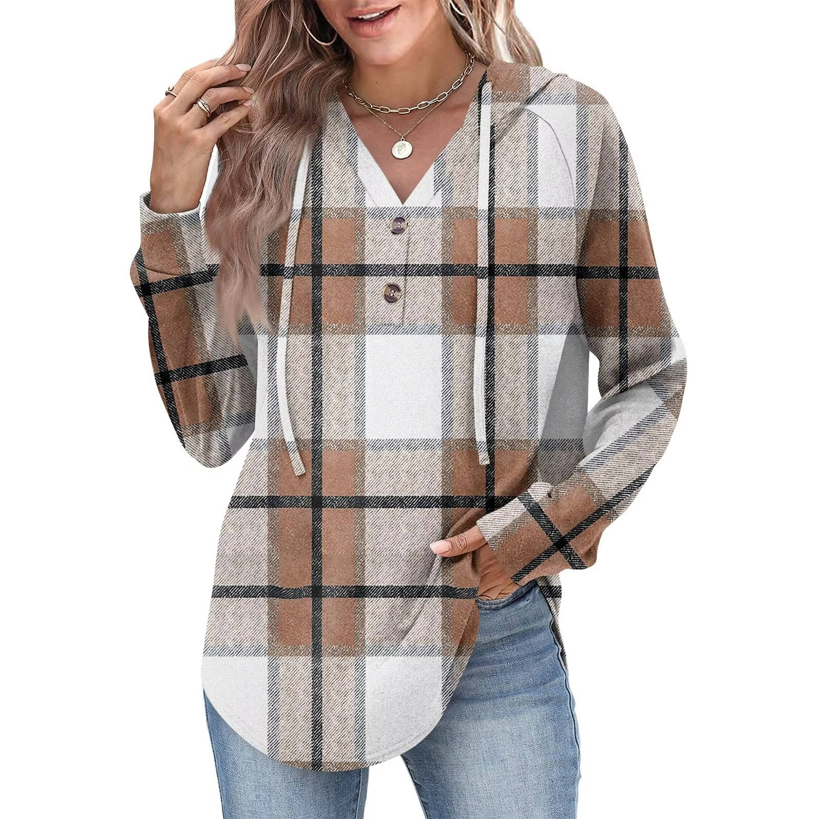 Women's relaxed-fit v-neck button hoodie sweatshirt in casual everyday style with adjustable button detail