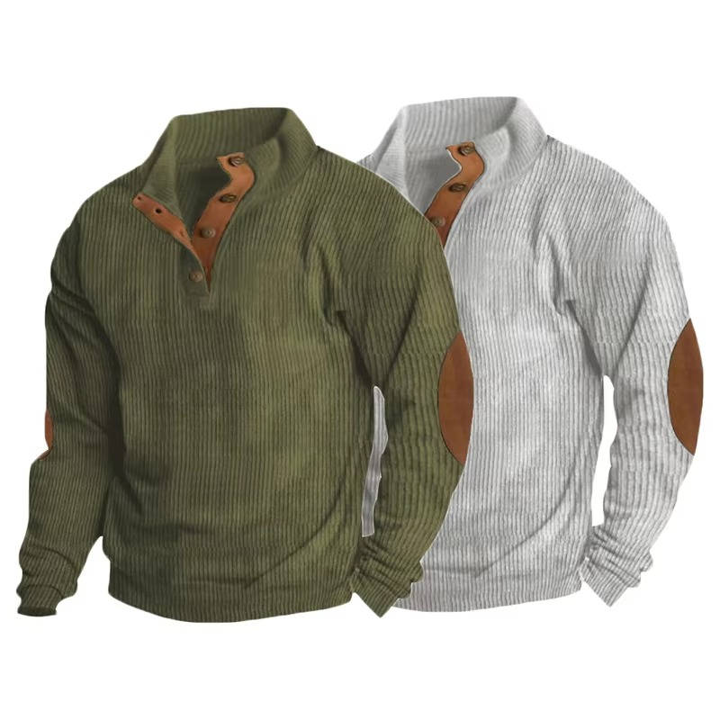 Men's gray button neck pullover sweater classic knit with contrast elbow patches modern slim fit