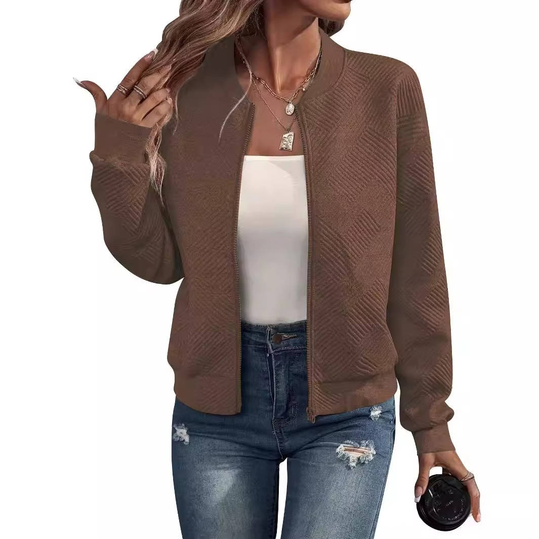 Women's lightweight zip-up bomber jacket, collarless wind-resistant style in versatile all-season polyester
