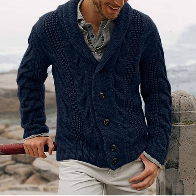 Men's cable knit button-front cardigan sweater in neutral tones, moisture-wicking acrylic wool blend