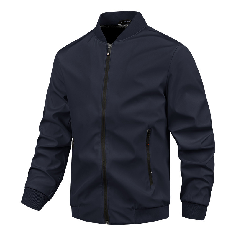Men's windproof stand collar jacket regular fit with ribbed trim and zipper closure for urban commuting