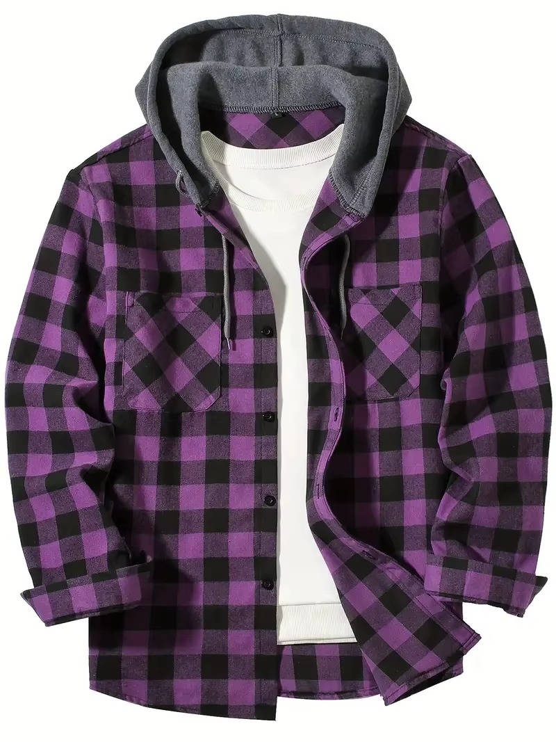 Men's red black buffalo plaid hooded flannel shirt with fleece-lined hood, lightweight brushed cotton blend