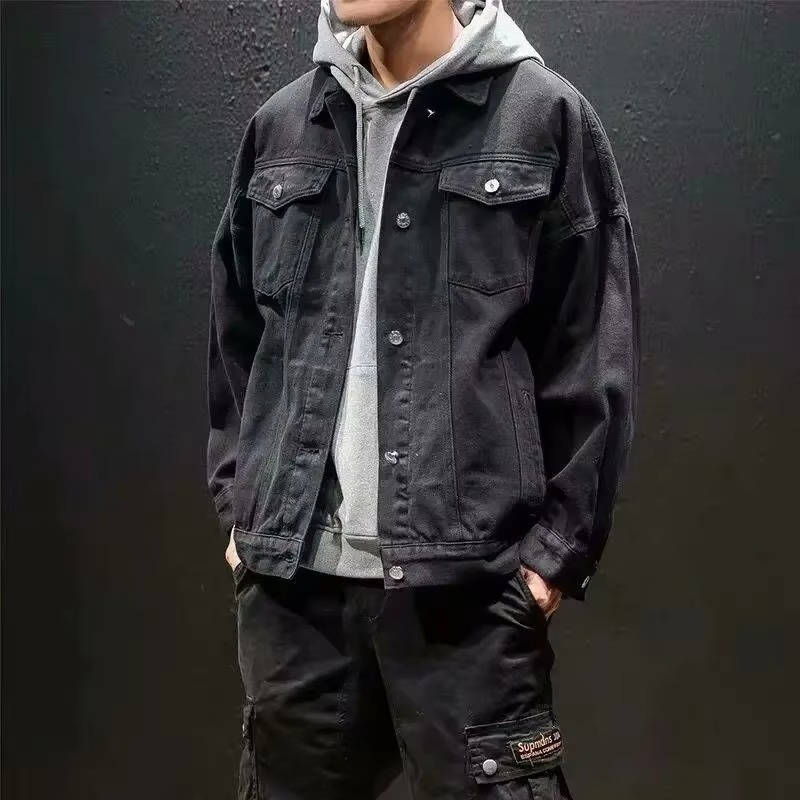 Men's olive green denim jacket slim fit with front button closure and classic chest pockets