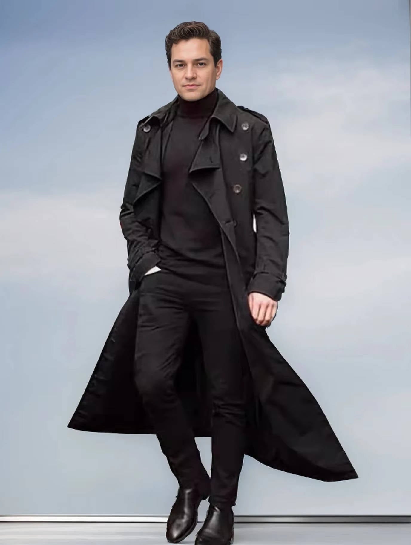 Men's long double-breasted trench coat solid color tailored overcoat with waist belt modern fit