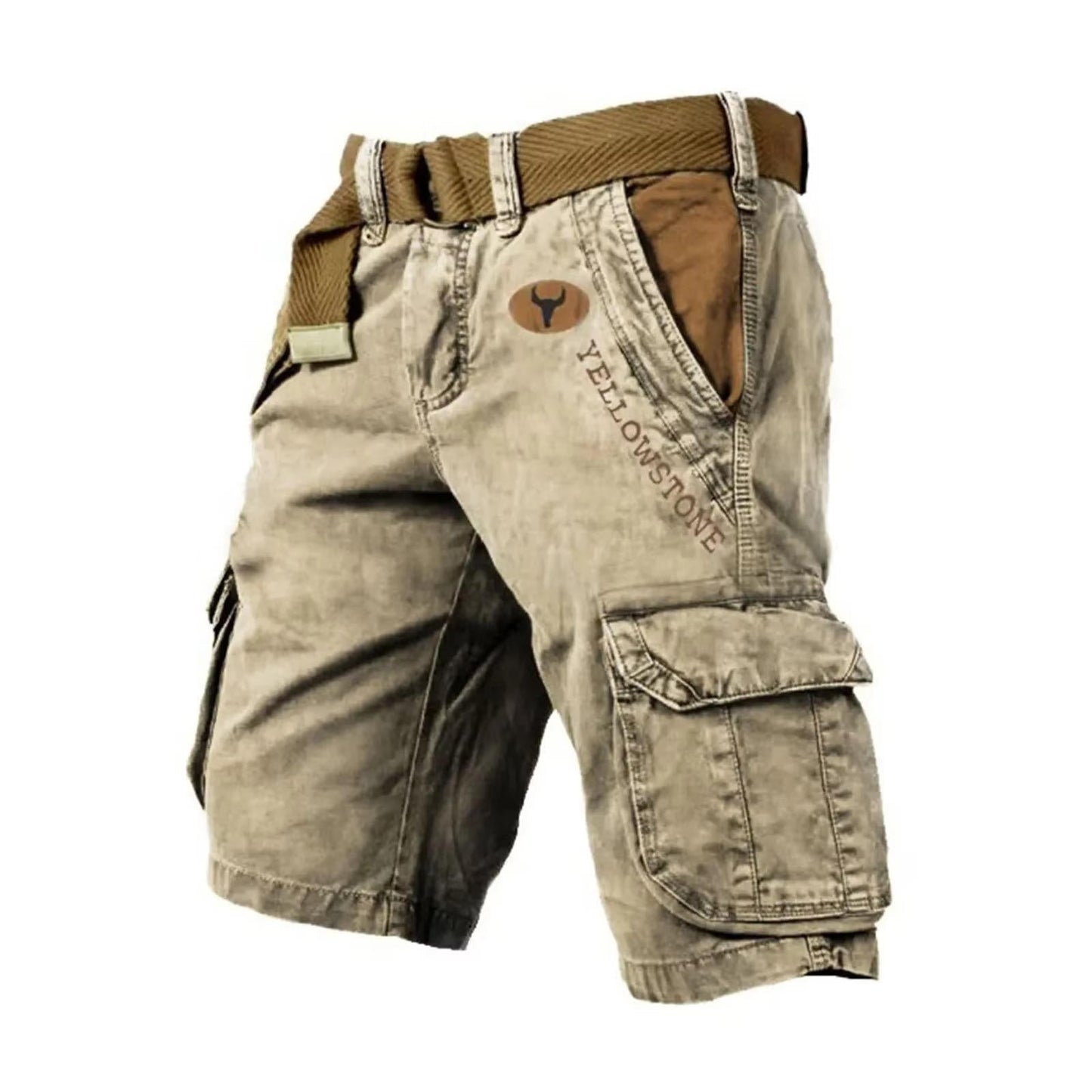 Men's khaki multifunctional cargo shorts relaxed fit six-pocket storage for outdoor travel