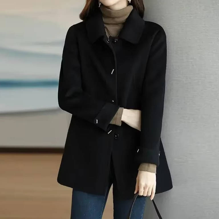 Women's short wool coat mid-thigh cut double-button closure with integrated belt for polished everyday wear