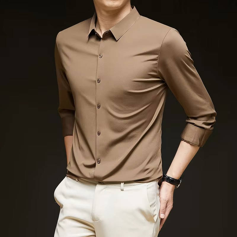 Men's wrinkle-free stretch dress shirt in classic white, slim professional cut with four-way flex fabric