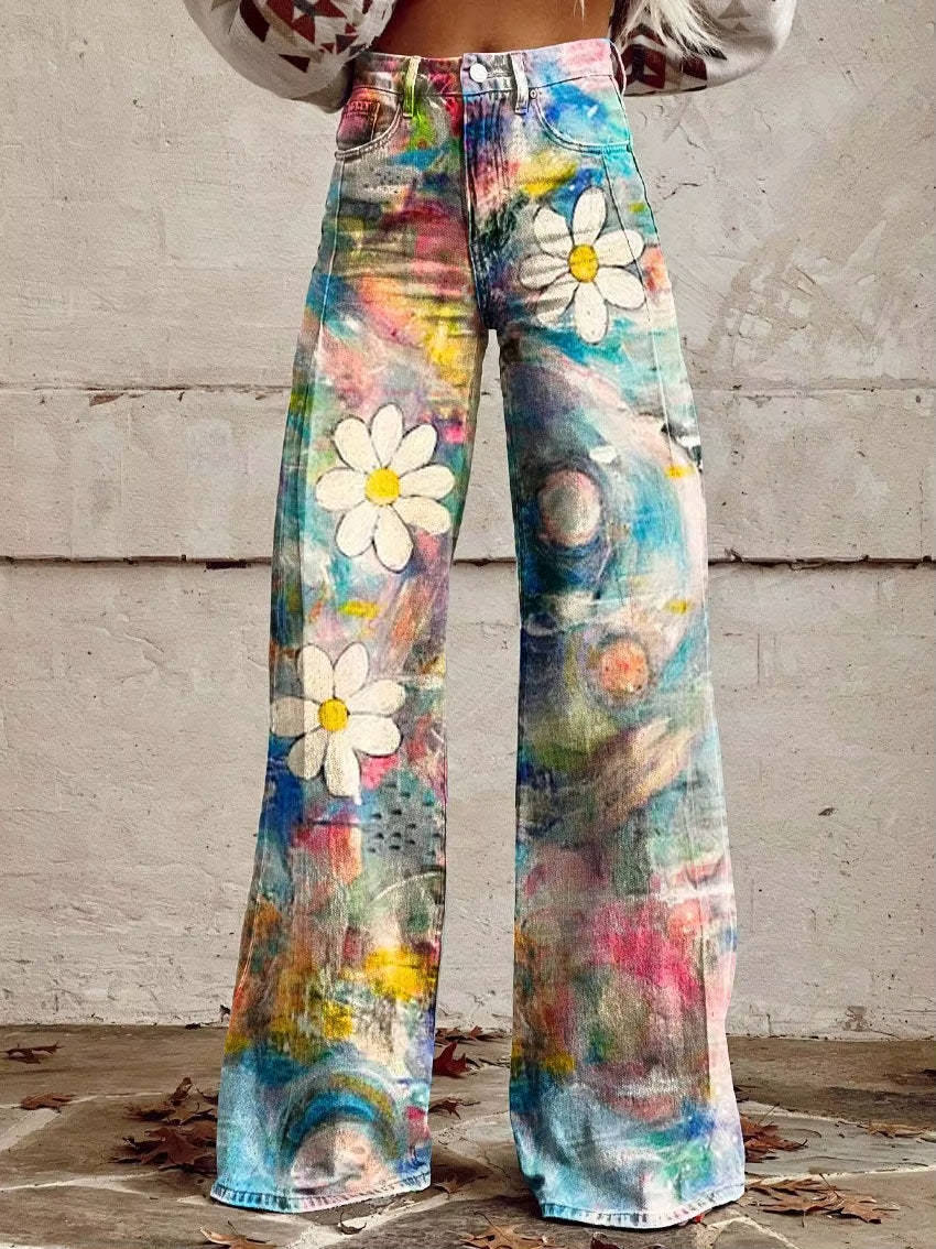 Women's high-waisted floral bell bottom pants vintage-inspired wide leg silhouette bold print