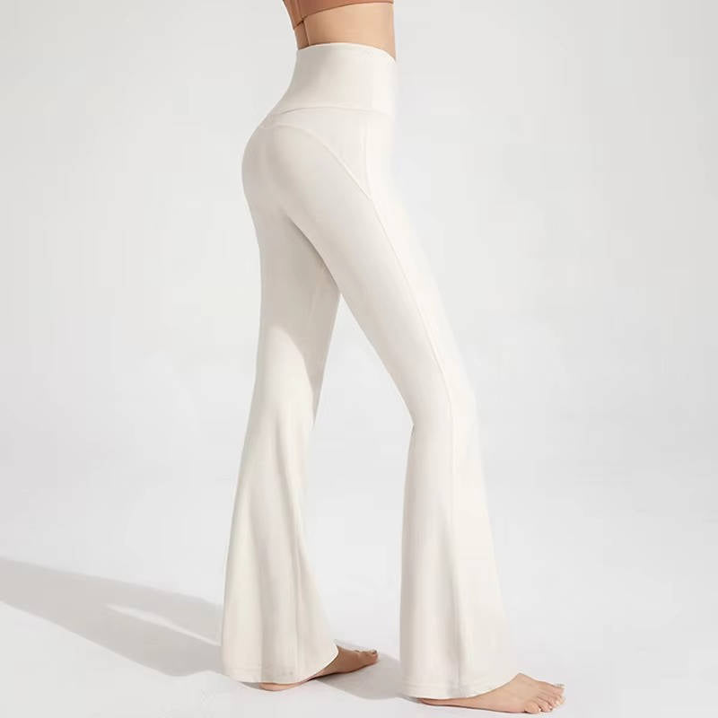 Black high waisted flared leggings with no-slip wide waistband, four-way stretch, active style