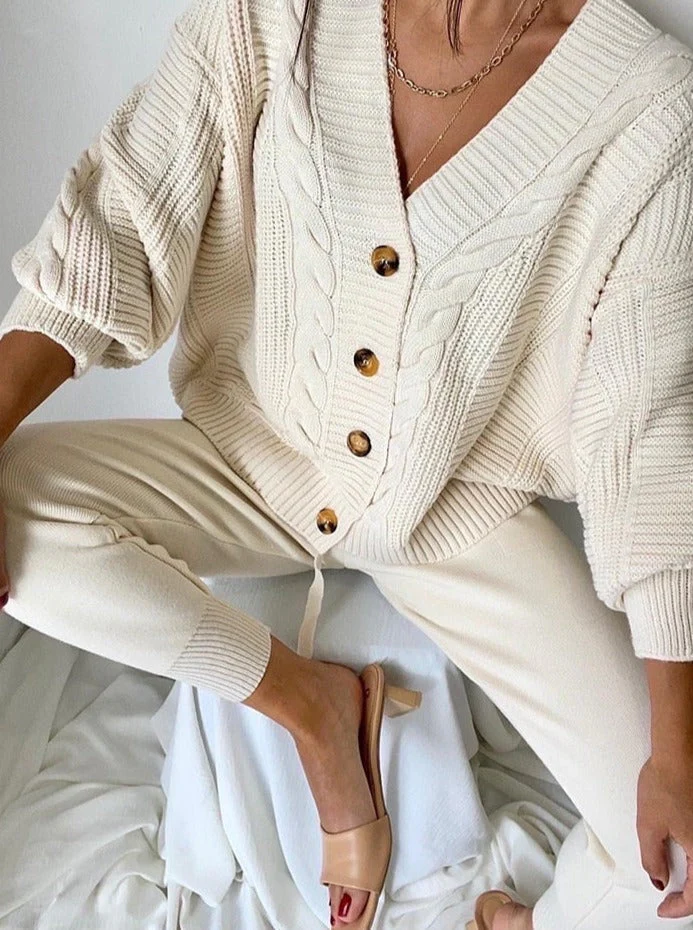 Women's cable knit cardigan and tapered wool trousers two-piece set in cozy relaxed-fit style