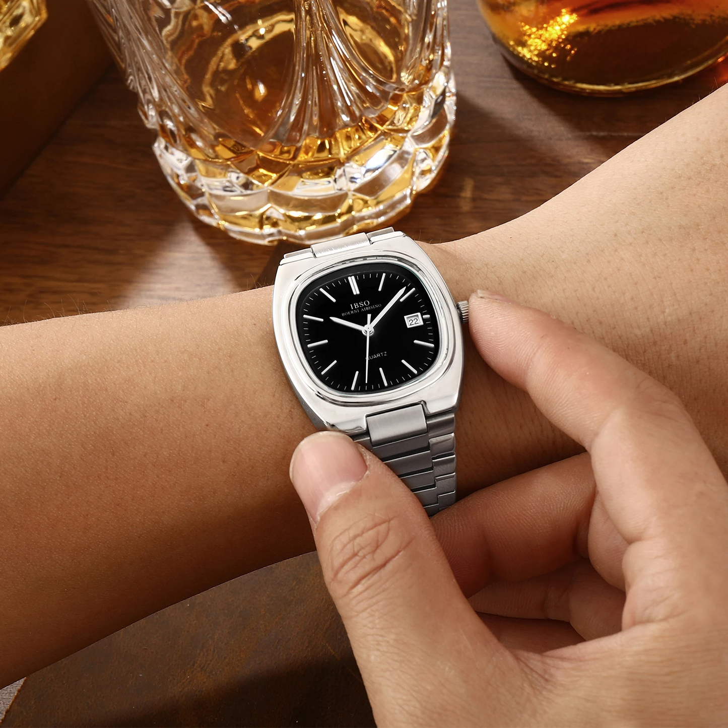 Aviere slim watch polished stainless steel rounded square case water resistant timepiece