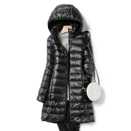 Seda ultralight packable hooded winter jacket, slim everyday fit with feather-light warm filling