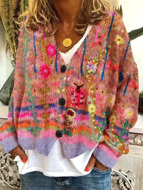 Women's retro knit cardigan in classic autumn tones, cozy loose fit with timeless silhouette