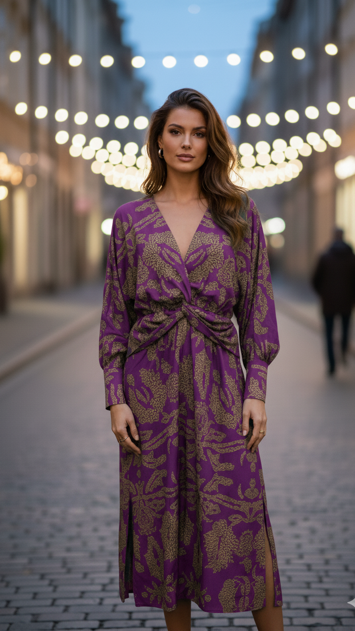 Lara midi dress deep V-neck fluid draped silhouette elegant event wear timeless luxury