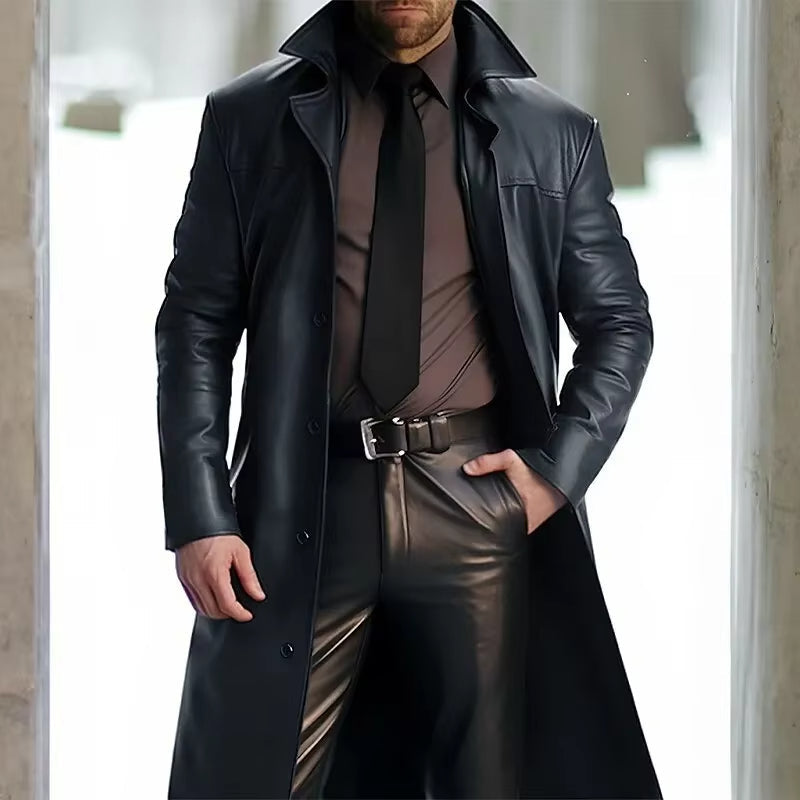 Men's classic brown trench coat long silhouette button-down closure sleek winter outerwear