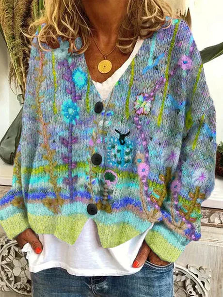 Retro women's knit cardigan cozy autumn layering style with classic silhouette and durable fabric