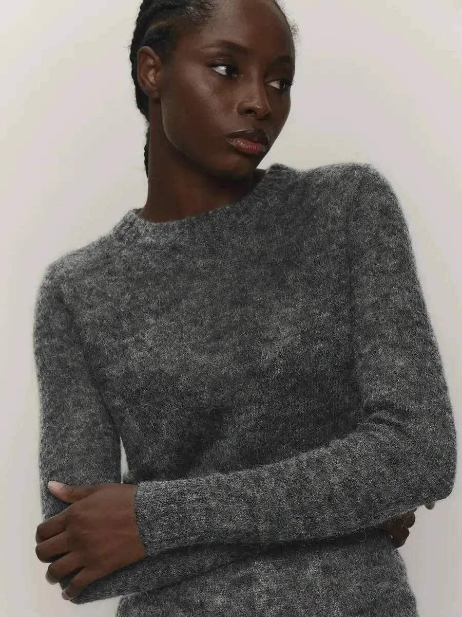 Women's lightweight semi-sheer mohair knit sweater O-neck pullover in neutral tone for layering