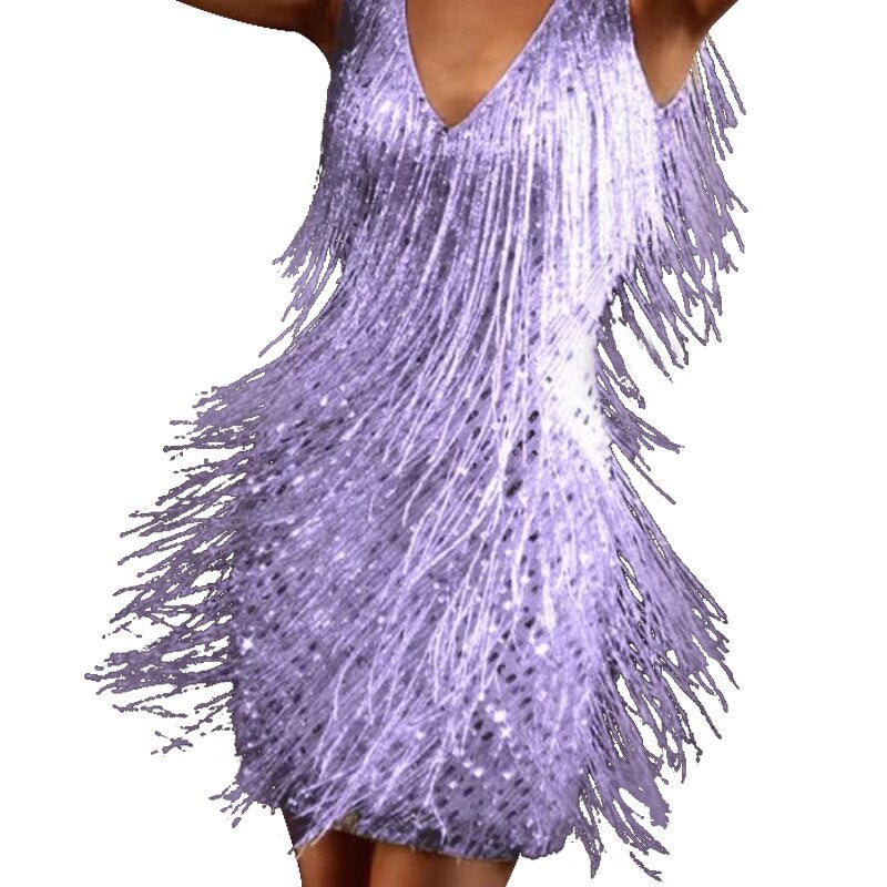 Women's black fringe mini party dress V-neck silhouette with beaded embellishments and dynamic movement