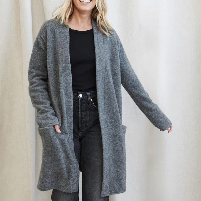 Women's oatmeal wool knit open-front cardigan relaxed fit with functional pockets everyday layer