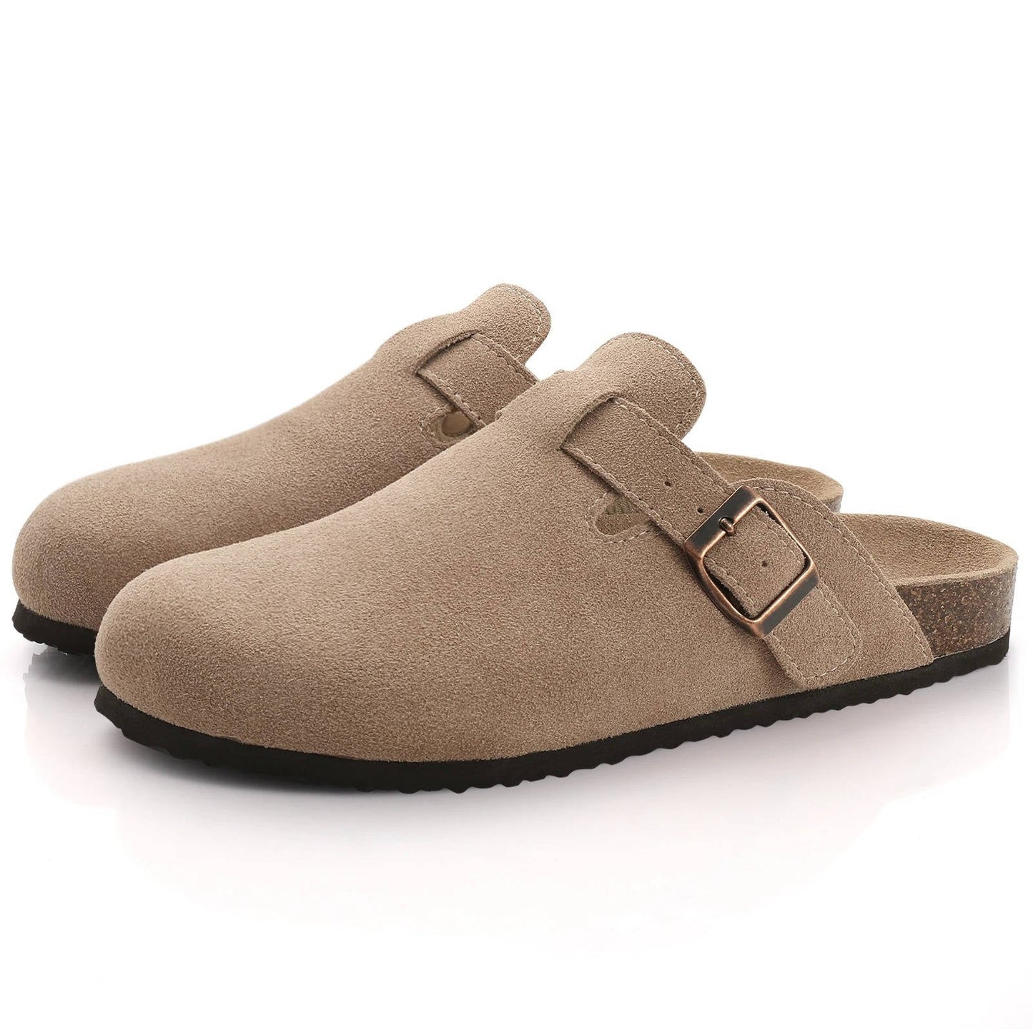 Women's suede clog mule shoes with adjustable metal buckle strap and cloud-soft cork footbed comfort