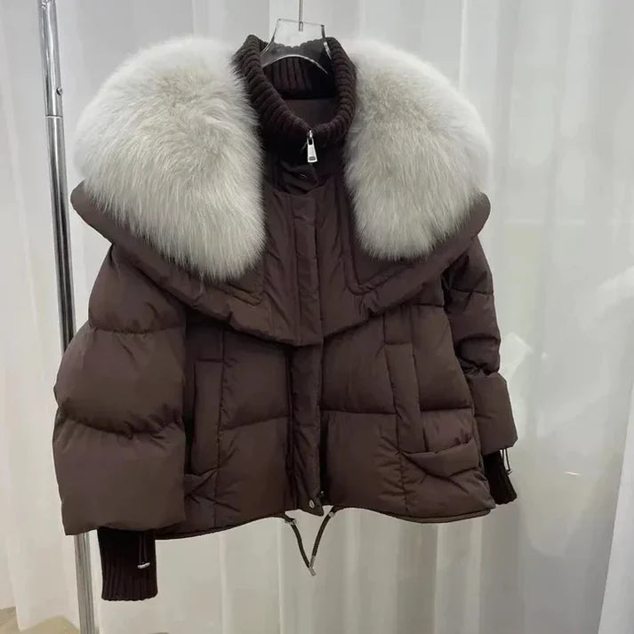 Women's padded down jacket with plush fur trim, quilted insulation, warm winter coat in neutral tone